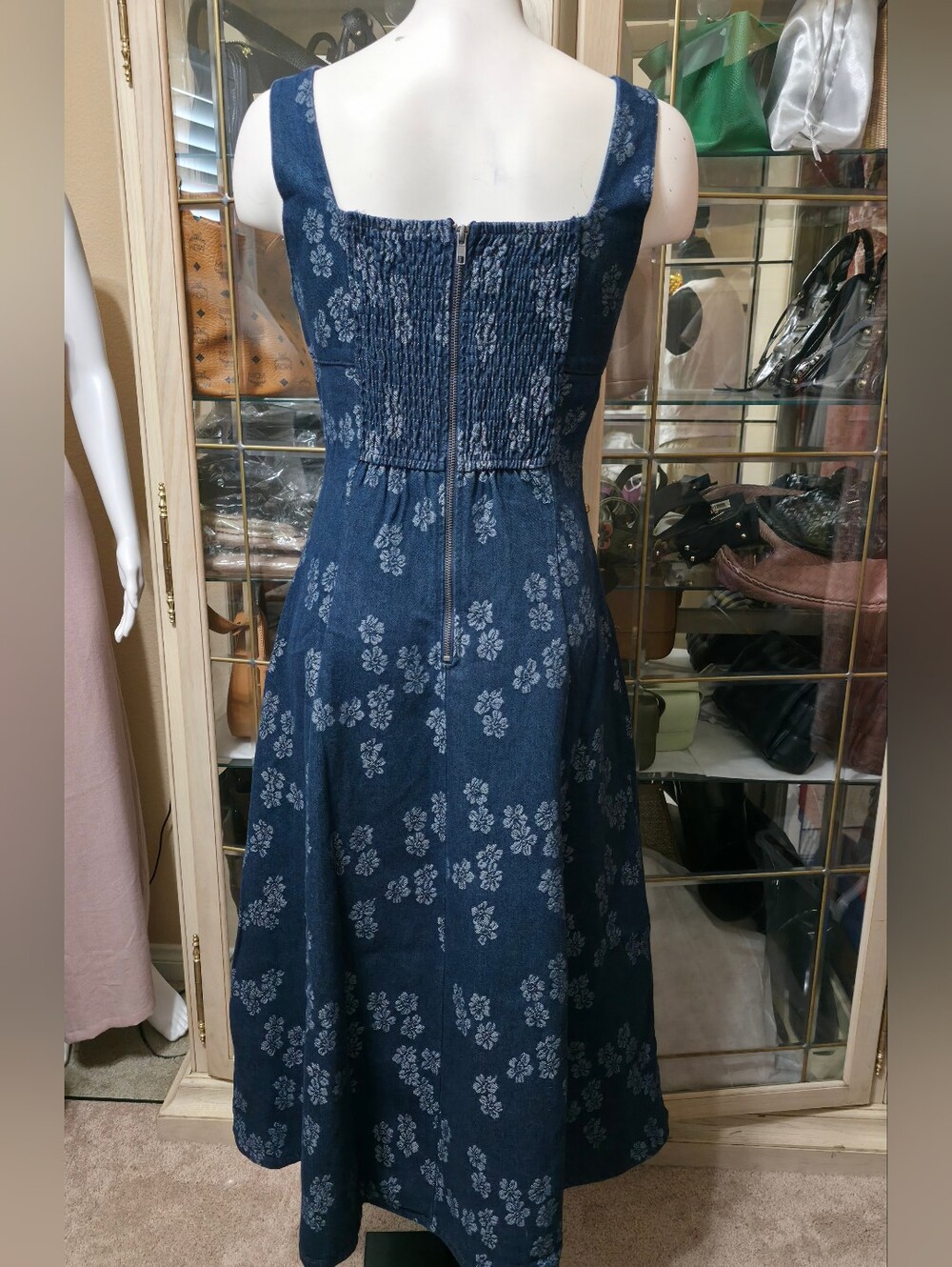 Floral Jacquard Corset Detail Denim Midi Dress